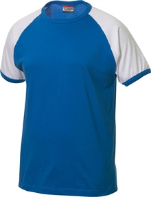 blå hvit tofarget raglan-t-shirt med trykk av logo