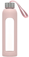 Glassflaske H2O med silikon trekk og trykk av logo rosa