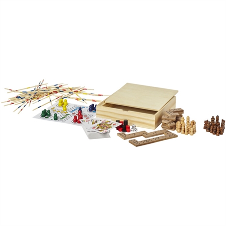 Brettspill treeske med backgammon, sjakk, domino, ludo, mikado og kortstokk