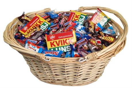 Den store påskekurven fylt med innpakkede biter og Kvikk Lunsj