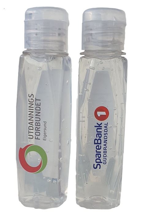 Flaske med antibaketeiell håndrens 100 ml og trykk av logo