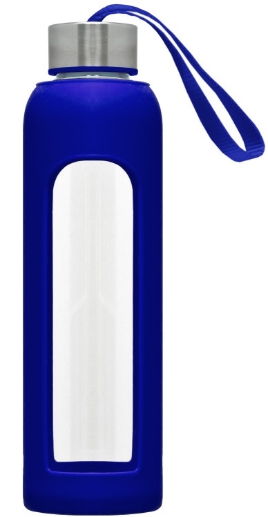 Glassflaske H2O med silikon trekk og trykk av logo blå