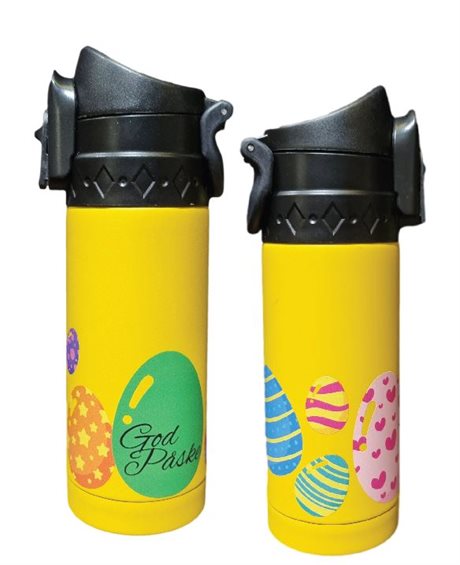 Gul termokopp med trykk av påskehilsen