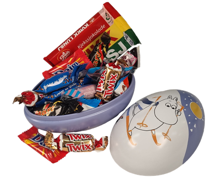  Mummi påskeegg fylt med Kvikk-lunsj og merkervarer