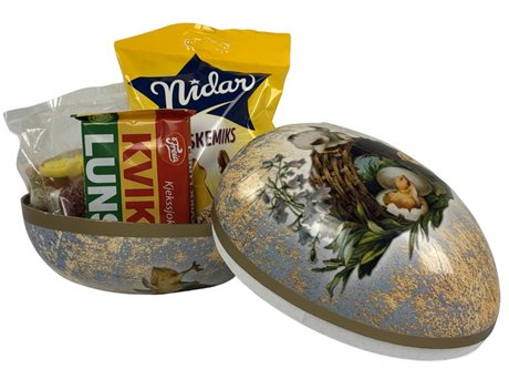 Påskeegg 18 cm fylt med sjokolade og smågodt motiv Chicken gang