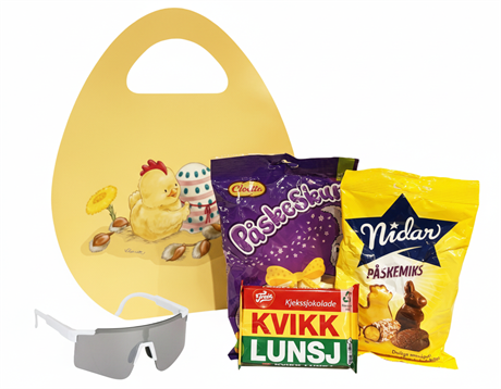 Påskepose med raske briller kvikklunsj og nidar marsipan