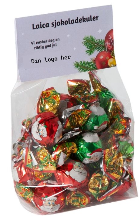 Pose med sjokoladekuler og trykk av egen hilsen 