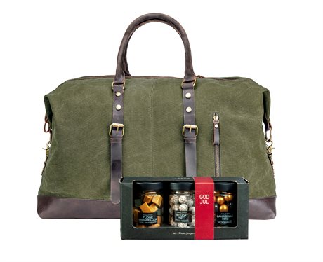 Weekenbag-i-canvas-gronn-med-sjokolade