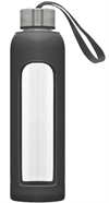 Glassflaske H2O med silikon trekk og trykk av logo sort