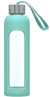 Glassflaske H2O med silikon trekk og trykk av logo tirkis