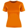 T-skjorte for løping og trening Nyxx no1 damemodell med trykk av logo farge neon orange